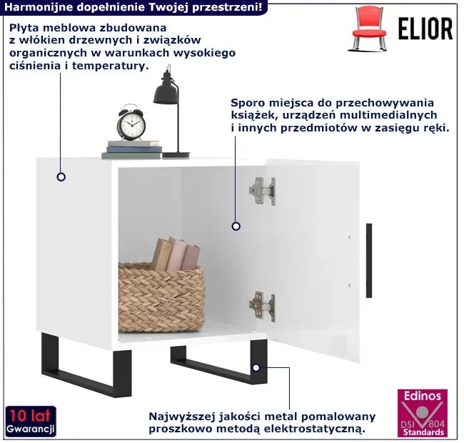 Biała szafka nocna na czarnym metalowym stelażu -Morinn
