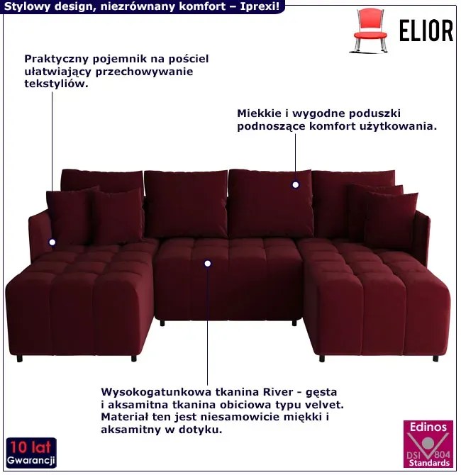 Czerwona sofa z weluru z funkcją spania E5-G33