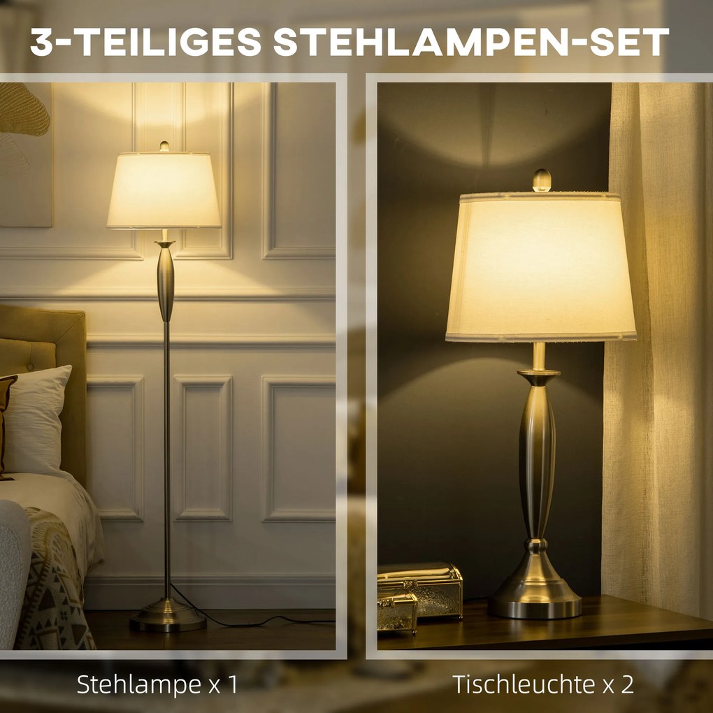 HOMCOM Zestaw 3 Lamp Srebrno Białe 1 Lampa Podłogowa 2 Lampy Stołowe Wykończenie Tkaninowe 38x38x158cm | Aosom PL