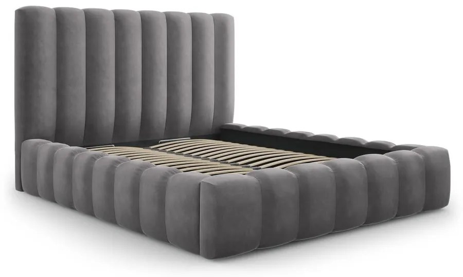 Szare tapicerowane łóżko dwuosobowe ze schowkiem i stelażem 200x200 cm Kelp – Micadoni Home