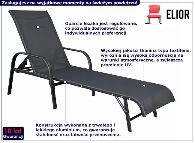 Czarny leżak ogrodowy z regulowanym oparciem - Ezoxi