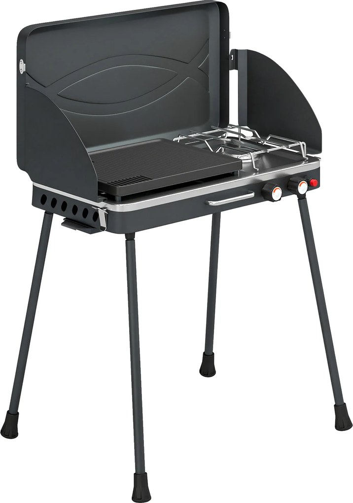 Outsunny Przenośny grill gazowy 2 palniki 5,9 kW 2-w-1 grill stołowy z pieczeniem składane nogi ruszt osłona przeciwwiatrowa pokrywa zamknięcie | Aosom PL