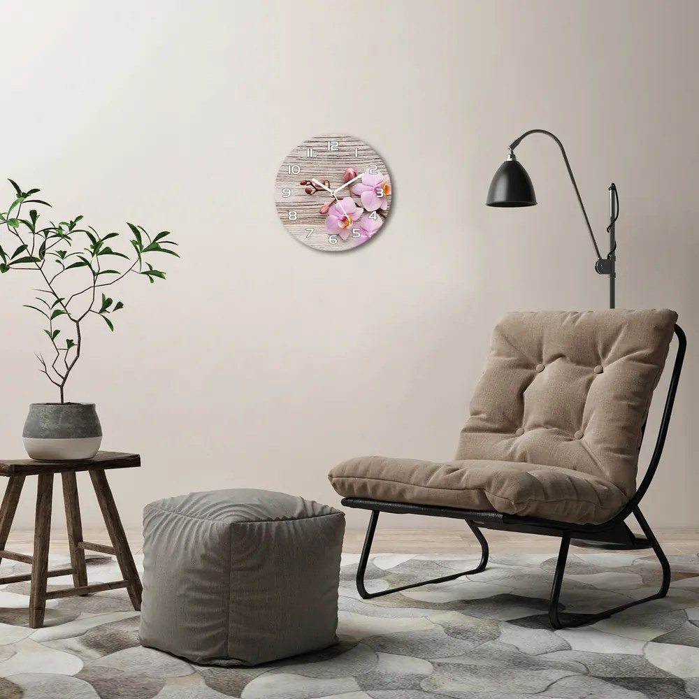 Zegar szklany okrągły Orchidea na drewnie