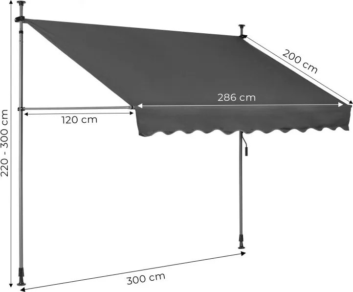 Markiza przeciwsłoneczna regulowana AW-016 na taras, balkon, szara, 300x120 cm
