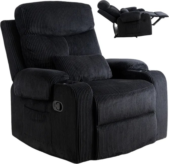 Fotel Rozkładany z Podnóżkiem TORRES Czarny Sztruksowy Nowoczesny