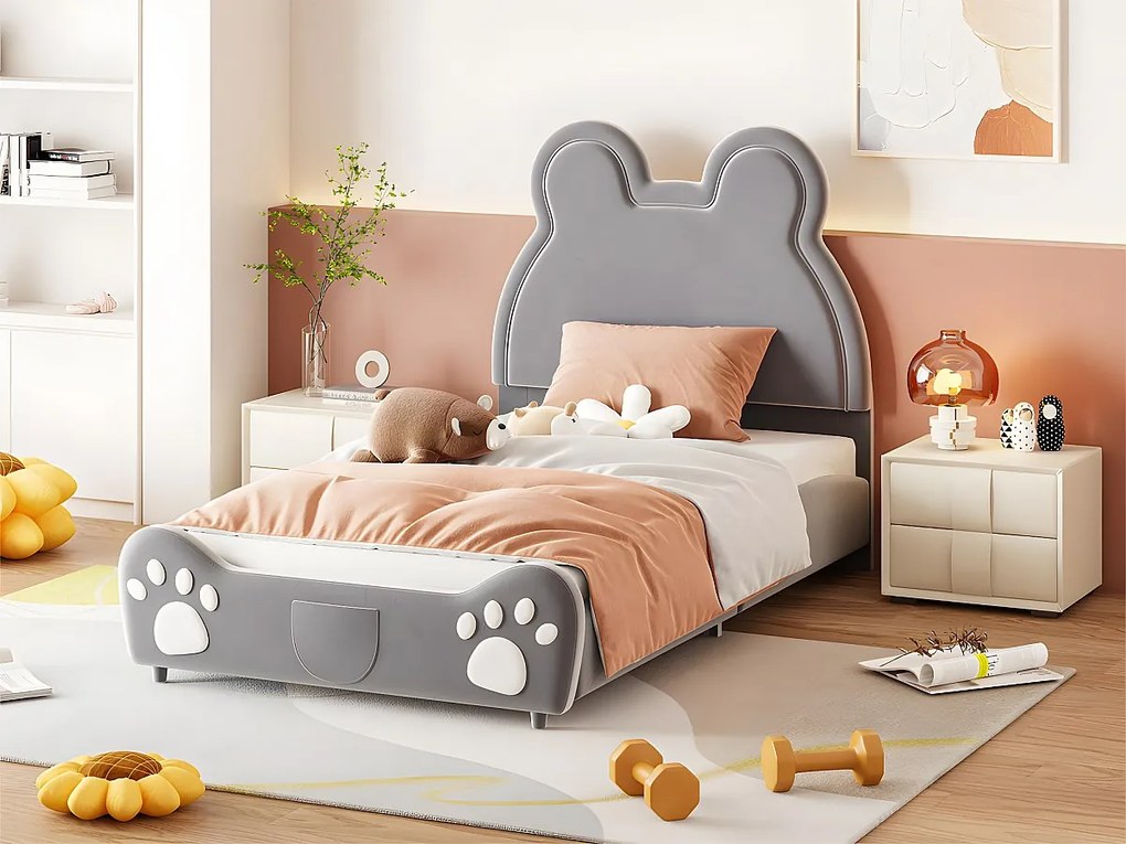 Łóżko dziecięce 90 x 200 cm - w kształcie misia - materiał welurowy - Szary