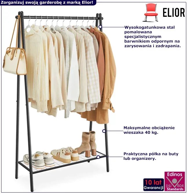 Czarny stalowy stojak na ubrania z półką C7-D78