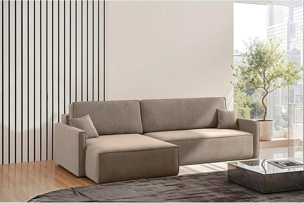 Narożnik z funkcją spania i pojemnikiem w kształcie L Carlos, tkanina Salvador, Ciemnobeżowy, Lewy