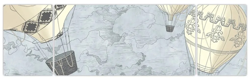 Obraz - Balony nad miastem, zimne odcienie (170x50 cm)