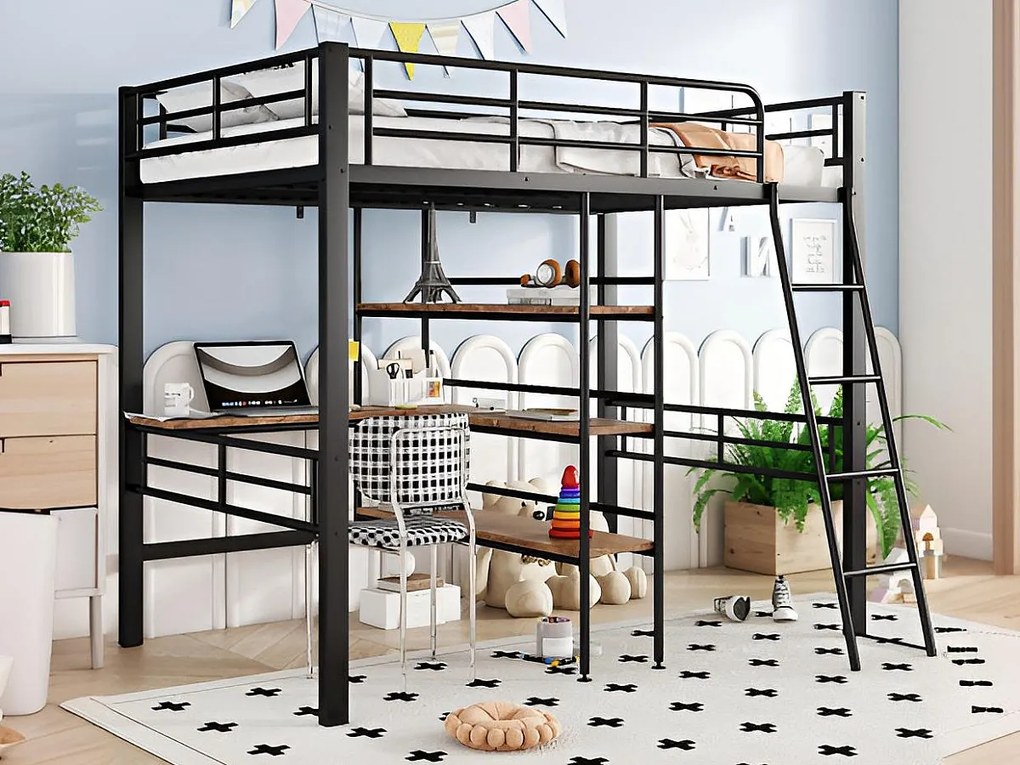 Łóżko mezzanine 90x200cm - z biurkiem i półkami na przechowywanie - Czarne