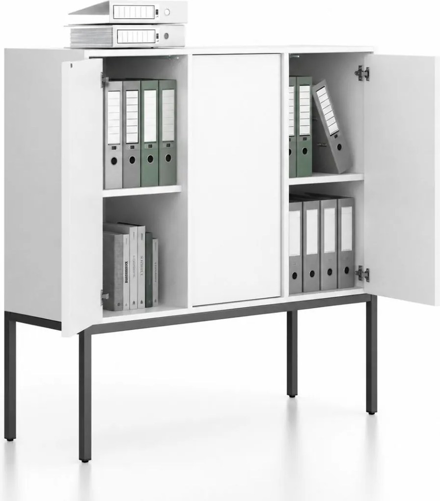 Szafa biurowa FRAME, niska, czarna podstawa, 3x drzwi, 1299 x 450 x 1331 mm, PUSH-lock, biały