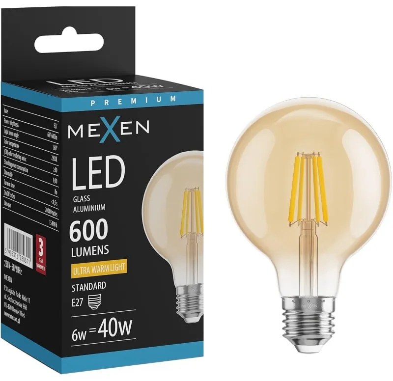 Mexen Vintis żarówka filament LED E27, G80, 6W, Ciepła - 2200K, 600 lm, amber - L155-E27-0622-50