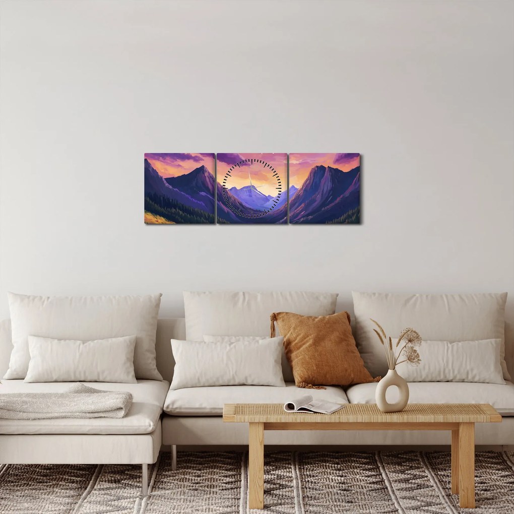 Obraz - Fioletowy krajobraz (z zegarem) (90x30 cm)