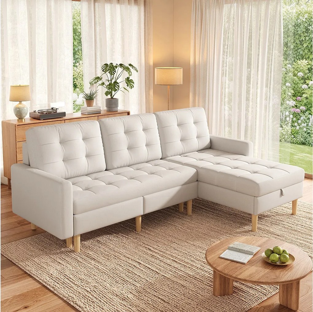 Narożnik z odwracalnym szezlongiem i schowkiem pod siedziskiem - Tkanina włókninowa/PCW/pianka - 212 x 130 x 86 cm - Beżowy