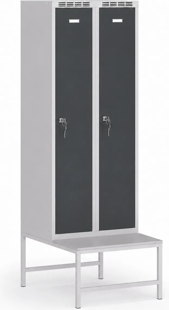 Szafka ubraniowa S7 z ławką, 2-drzwiowa, 1875 x 600 x 500/800 mm, demontaż, zamek cylindryczny, grafitowe drzwi