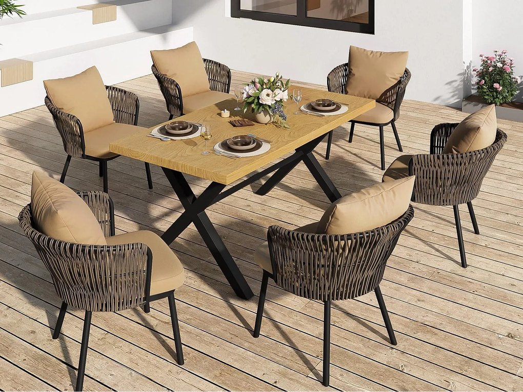 Zestaw jadalniany ogrodowy na 6 osób, stół jadalniany z żelaza, konstrukcja z żelaza ocynkowanego, 6 krzesła rattanowe, Naturalny