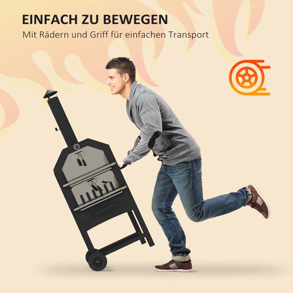 Outsunny Piekarnik do Pizzy 2w1 Kamień do Pizzy Pojemnik na Popiół Termometr Czarny | Aosom PL