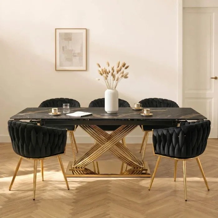Stół Rozkładany Prostokątny IBIZA 160-240 cm Ceramiczny Czarny Marmur/Złoty do Jadalni Glamour