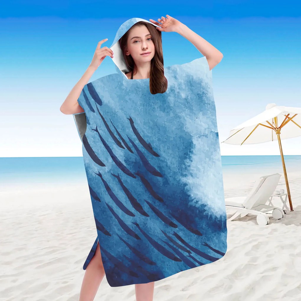 Ponczo plażowe WHALES niebieskie 80x145 cm