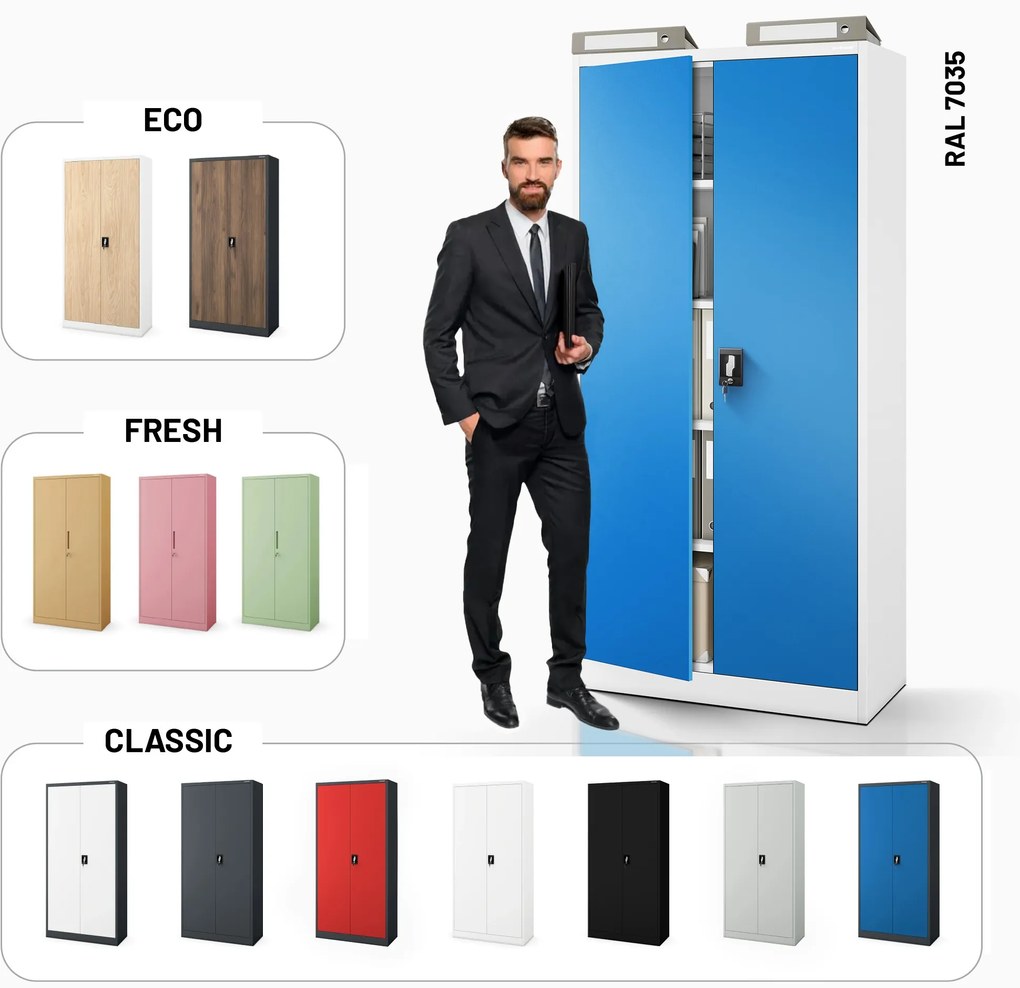 Szafa na dokumenty biurowa metalowa szaro-niebieska: JAN H, 900 x 1950 x 400 mm