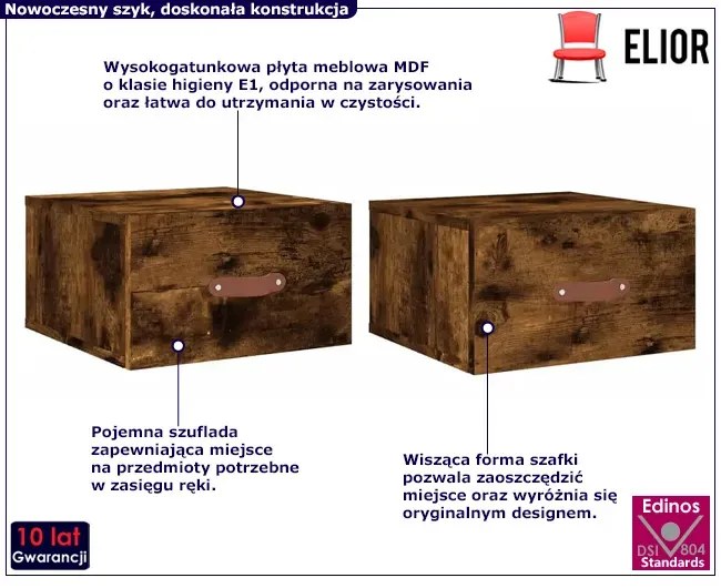 Komplet wiszących szafek nocnych przydymiony dąb - Brexi