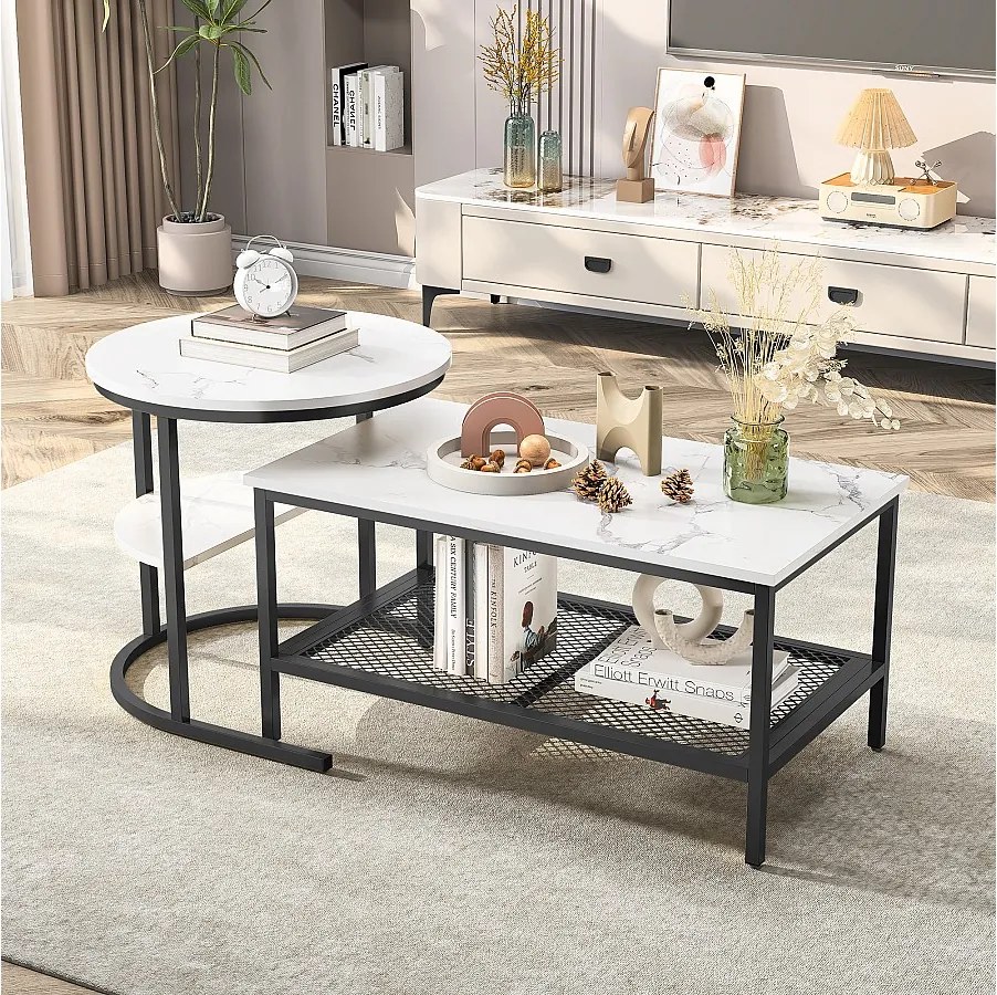 Zestaw 2 składanych stolików kawowych, stolik składany z wzorem marmuru, czarna metalowa rama