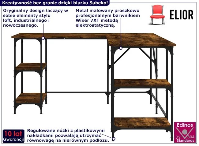 Metalowe biurko industrialne narożne przydymiony dąb - Subeko