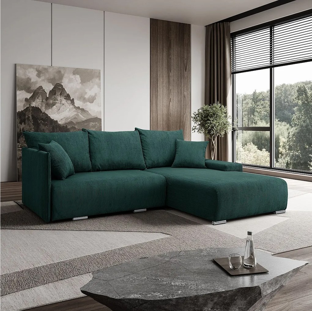 Narożnik, Sofa w kształcie L, tkanina sztruksowa Poso, Zielony, Prawy, Livorno L