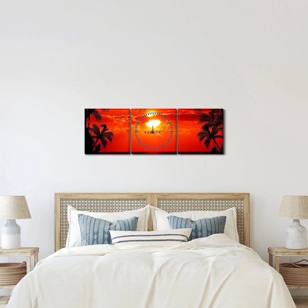 Obraz - zachód słońca z samolotem (z zegarem) (90x30 cm)