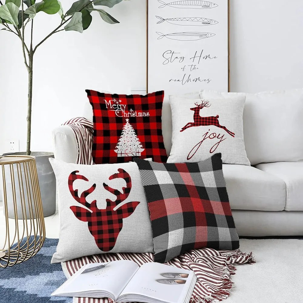 Zestaw 4 świątecznych szenilowych poszewek na poduszki Minimalist Cushion Covers Christmas Tartan, 55x55 cm