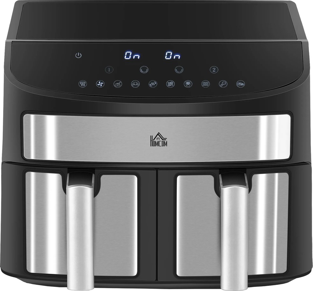 HOMCOM Frytkownica na gorące powietrze 8L z podwójną komorą, Airfryer z 10 programami, 2400 W frytkownica na gorące powietrze z ekranem dotykowym, przepisami, bez oleju, czarna