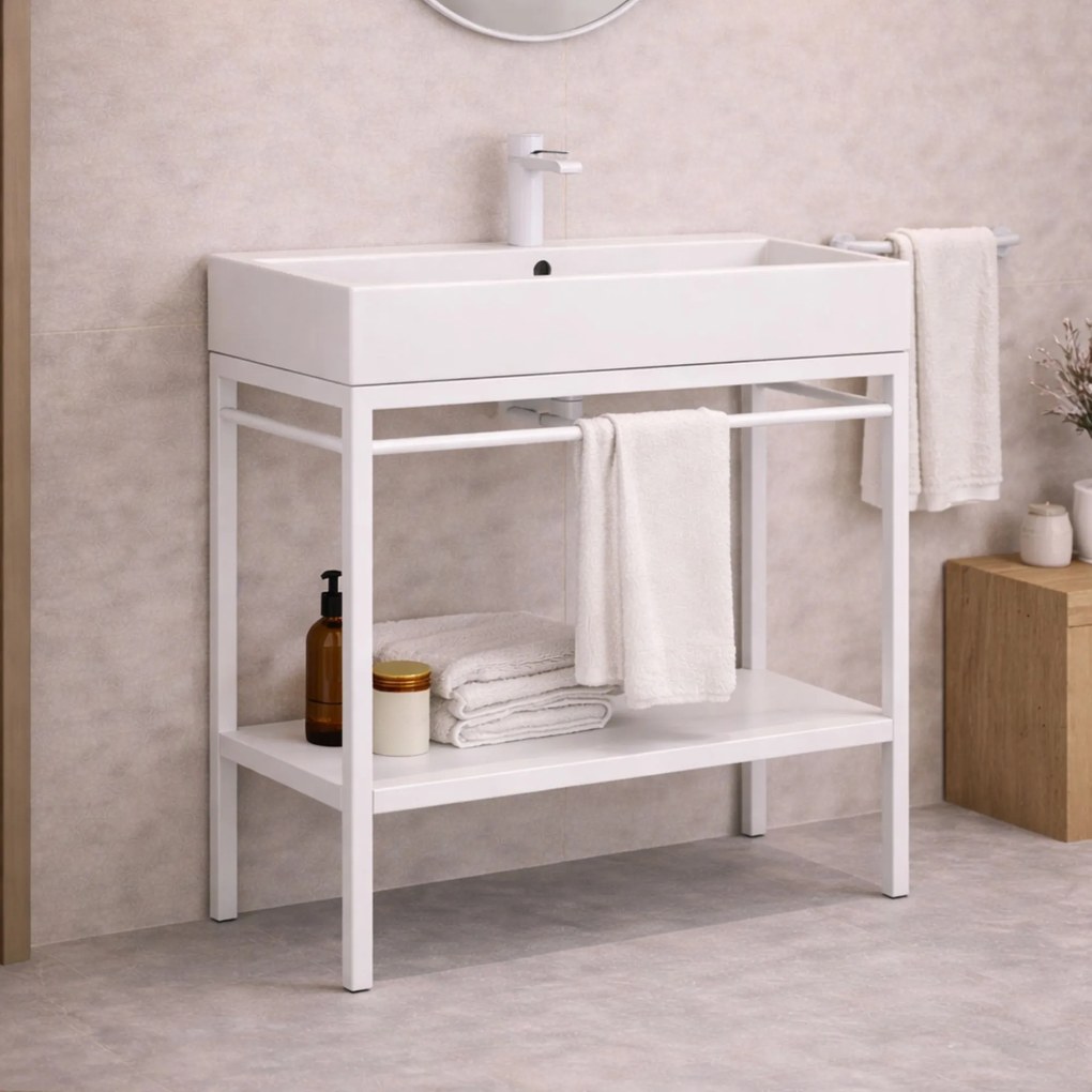 Zestaw umywalka z konglomeratu NAVI 100 x 45 cm + stojąca konsola NAVI Step | Różne kolory | Różne rozmiary : Kolor - Biały, Otwór na baterię - Jeden otwór, Rozmiar - 100 x 45 cm