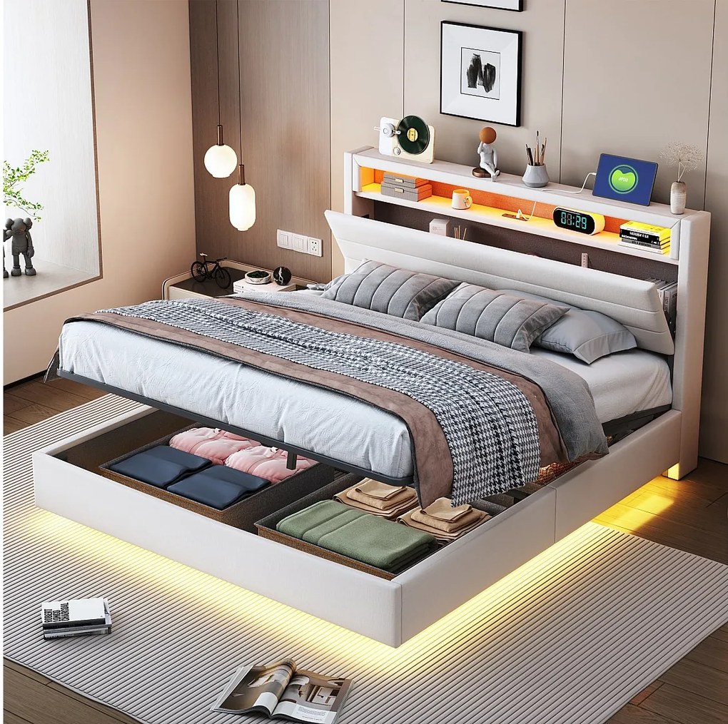 Podwójne tapicerowane łóżko ze schowkiem - 140 x 200 cm - Hydrauliczny schowek - z portem USB + diodami LED + odwracalny zagłówek - len - beżowy