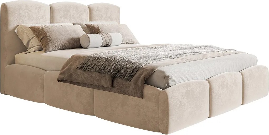 Łóżko dwuosobowe 160x200 Roma Slim - gruba pianka, stelaż metalowy, pojemnik - aksamit beżowy (Amor Velvet 4304)