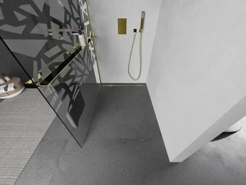 Mexen Kioto+ ścianka prysznicowa z półką Walk-in 90 x 200 cm, biały wzór, złota - 800-090-121-50-85
