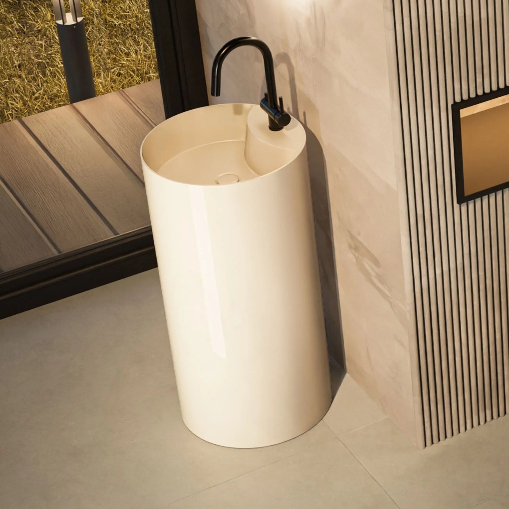 Umywalka z konglomeratu wolnostojąca okrągła beżowa błyszcząca 87 x 44 cm KALMI BEIGE GLOW z otworem na baterię : Podłączenie syfonu - Do ściany