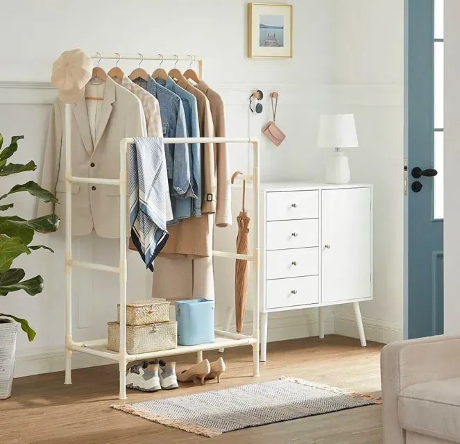 Kremowy podwójny stojak na ubrania z półką W8-T98