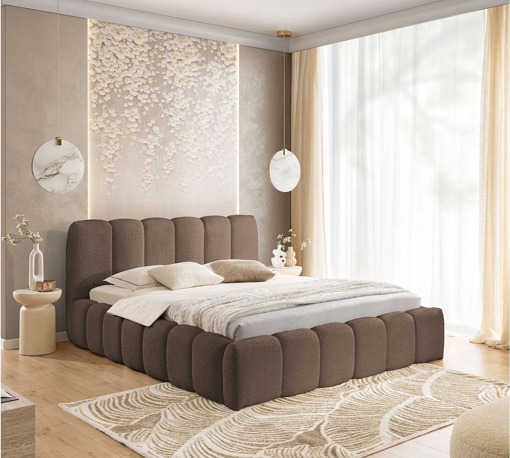 FURNISTAR Łóżko tapicerowane MIA z pojemnikiem 20x200|Bubble|Dwuosobowe|Stelaż listwowy|Wygląd łóżka boxspring|bez materaca-Brązowy