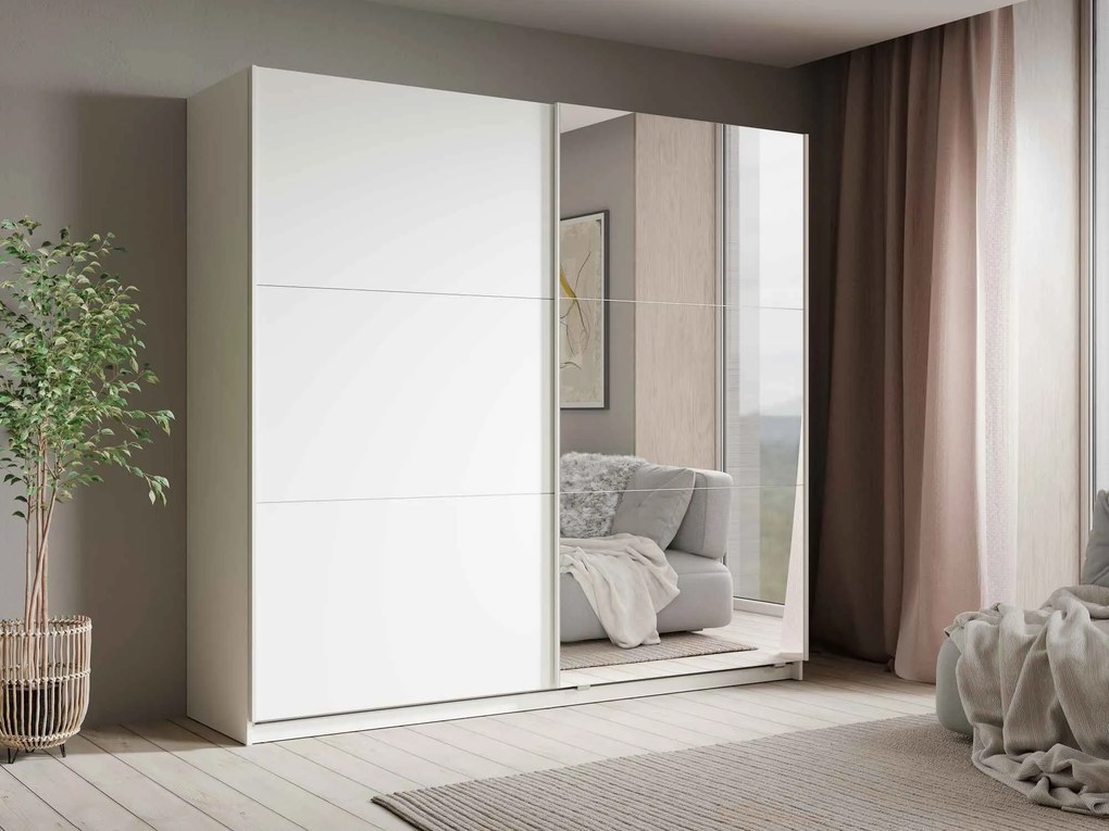 Szafa Przesuwna RADEN 221 cm z Lustrem Szafa Dwudrzwiowa, Biały