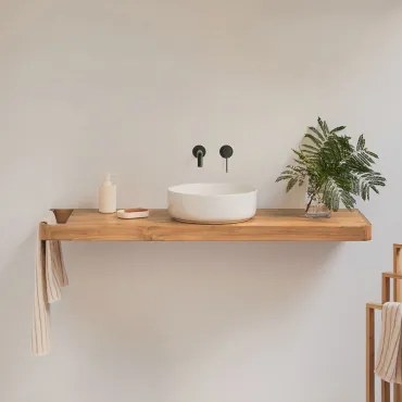 Zestaw Mebli Łazienkowych 130x45 Cm Wiszący Z Drewna Tekowego Neill Drewno Tekowe & Okrągły Ceramiczny Biały Ø40 - Sklum