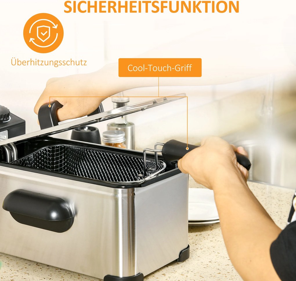 HOMCOM Frytkownica, Pojemność 3 Litry, Moc 2000W, Przezroczysta Pokrywa, Uchwyt Chłodny w Dotyku, Czarna