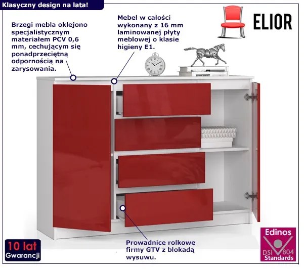 Młodzieżowa komoda z szufladami biała + czerwony połysk - Karius 4X 140 cm