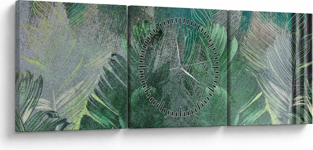 Obraz - Tekstura betonu z liśćmi (z zegarem) (90x30 cm)