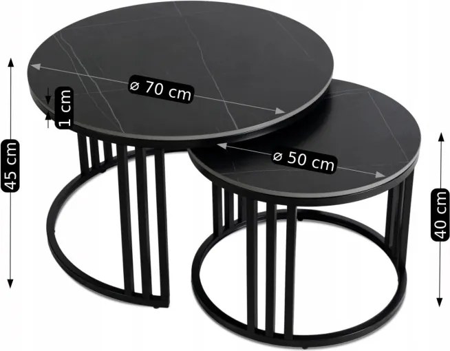 Zestaw Stolików Kawowych JERRY Czarny Marmur/Czarny do Salonu Nowoczesny