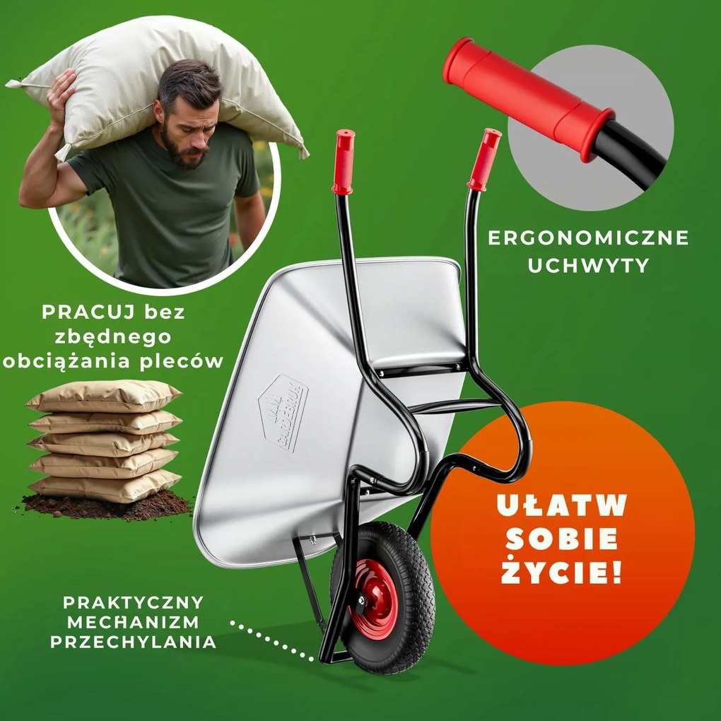 Taczka ogrodowa ocynkowana BARRY, max. pojemność 100l/250kg, srebrna/czarna Gardebruk