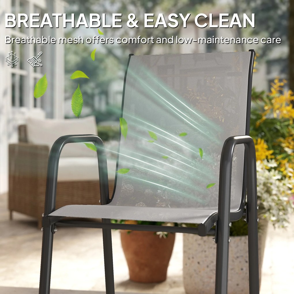 Outsunny Krzesła Ogrodowe 4 szt. – Sztaplowane Krzesła Tarasowe z Oddychającym Oparciem i Podłokietnikami, Maks. Obciążenie 120 kg | Aosom PL