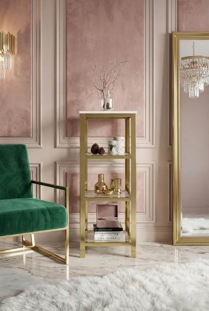 Otwarty regał w stylu glamur złoty + biały połysk H5-G70