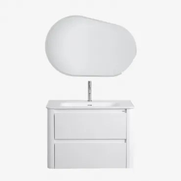 Zestaw Mebli Łazienkowych Z Drewna Z Wbudowaną Umywalką Egerton Biała & Owalna Lampa Led I Przeciwmgielna 100x65 Cm Meunier - Sklum