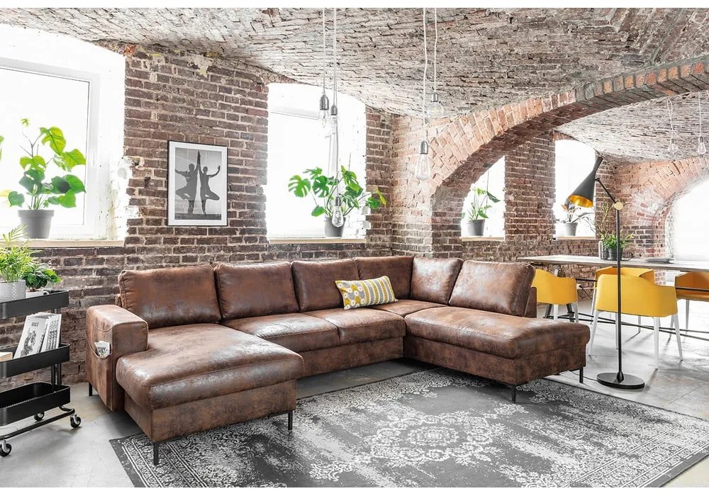 Brązowa rozkładana sofa w kształcie litery "U" z imitacji skóry Miuform Lofty Lilly Vintage, prawostronna