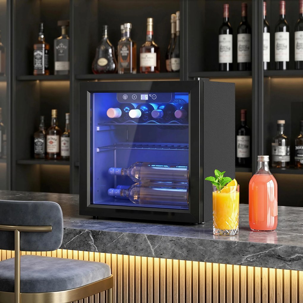 HOMCOM Chłodziarka na 12 butelek, 36 litrów, Zakres Temperatur 4-16°C, Mała Lodówka na Napoje i Piwo z Szklanymi Drzwiami i Oświetleniem LED | Aosom PL